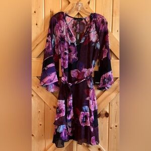 NWT White House Black Market 3/4 Ruffle-Sleeve Blouson Dress in Cabernet, Sz S